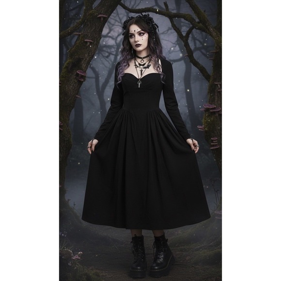Coquette Dresses & Skirts - Whimsy 🖤Goth Black Midi Dress  M‎ Sweetheart Neck Long Sleeve Witchy Fairycore